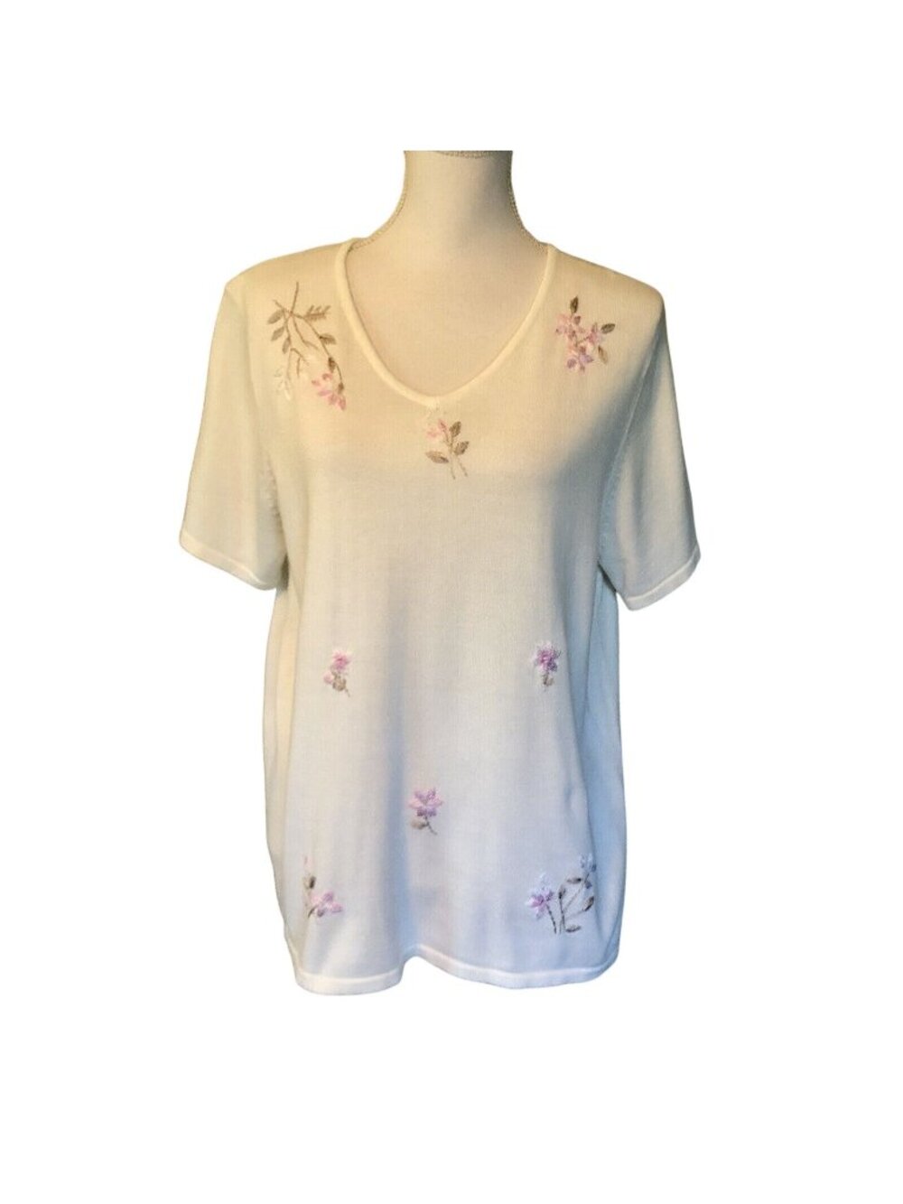 Allison Daley Womens L Floral Embroidered Cotton Blend Light Sweater Top Used